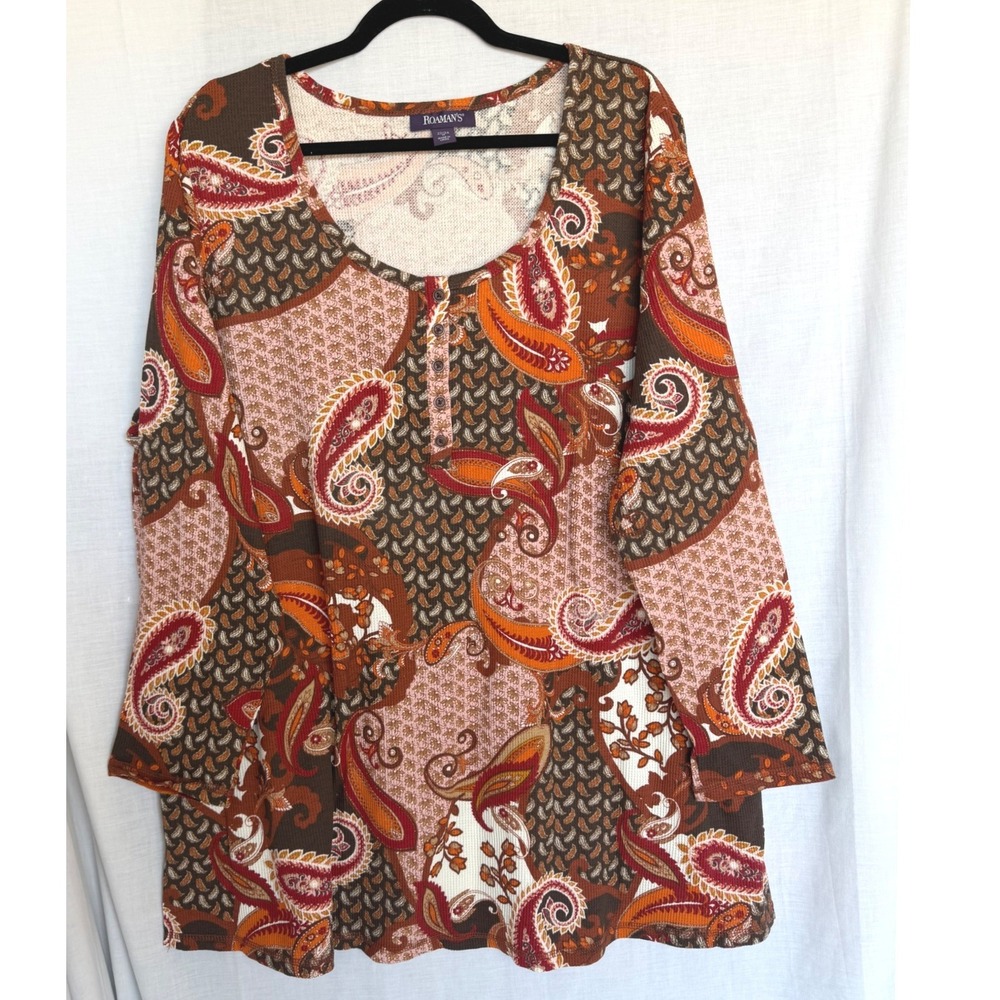Roaman's Tunic Top Brown Paisley Waffle Knit Henley Women's Plus 1X 22/24